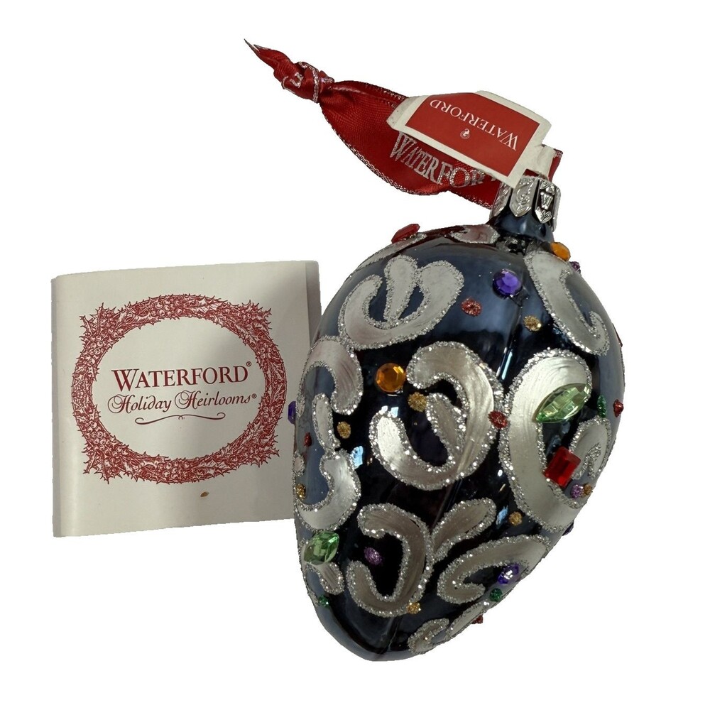 Waterford Sapphire Scroll Egg Jeweled Blown Glass Ornament Rare 1997 Handmade